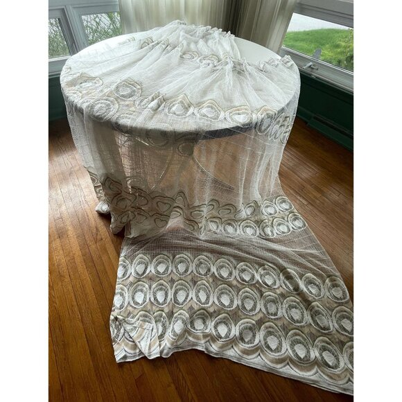 Vintage 70s pleated curtain, white with green/yellow groovy pattern, for 1 - Picture 5 of 10